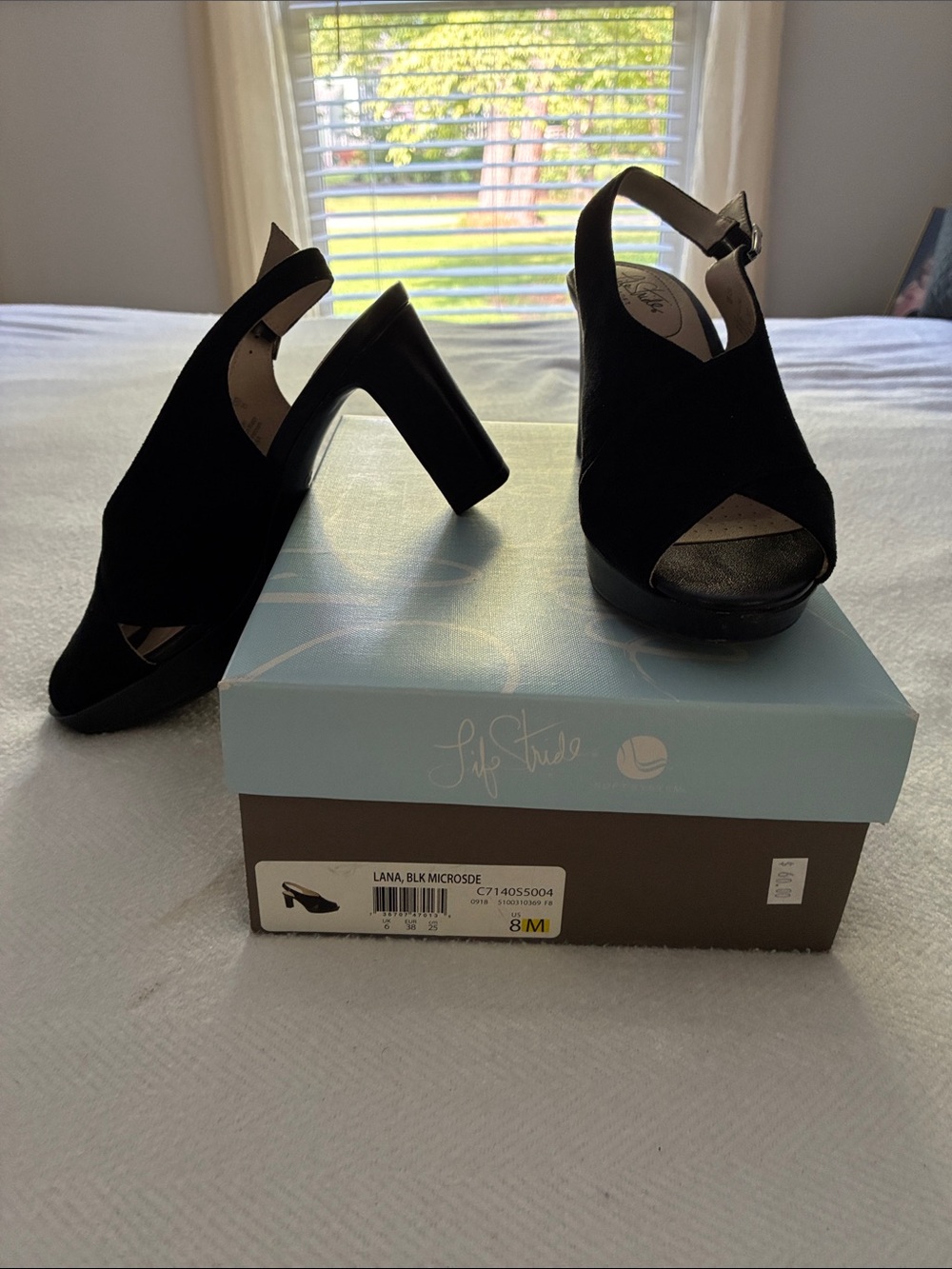 Life Stride Black Suede Peep-Toe Slingback Block Heels